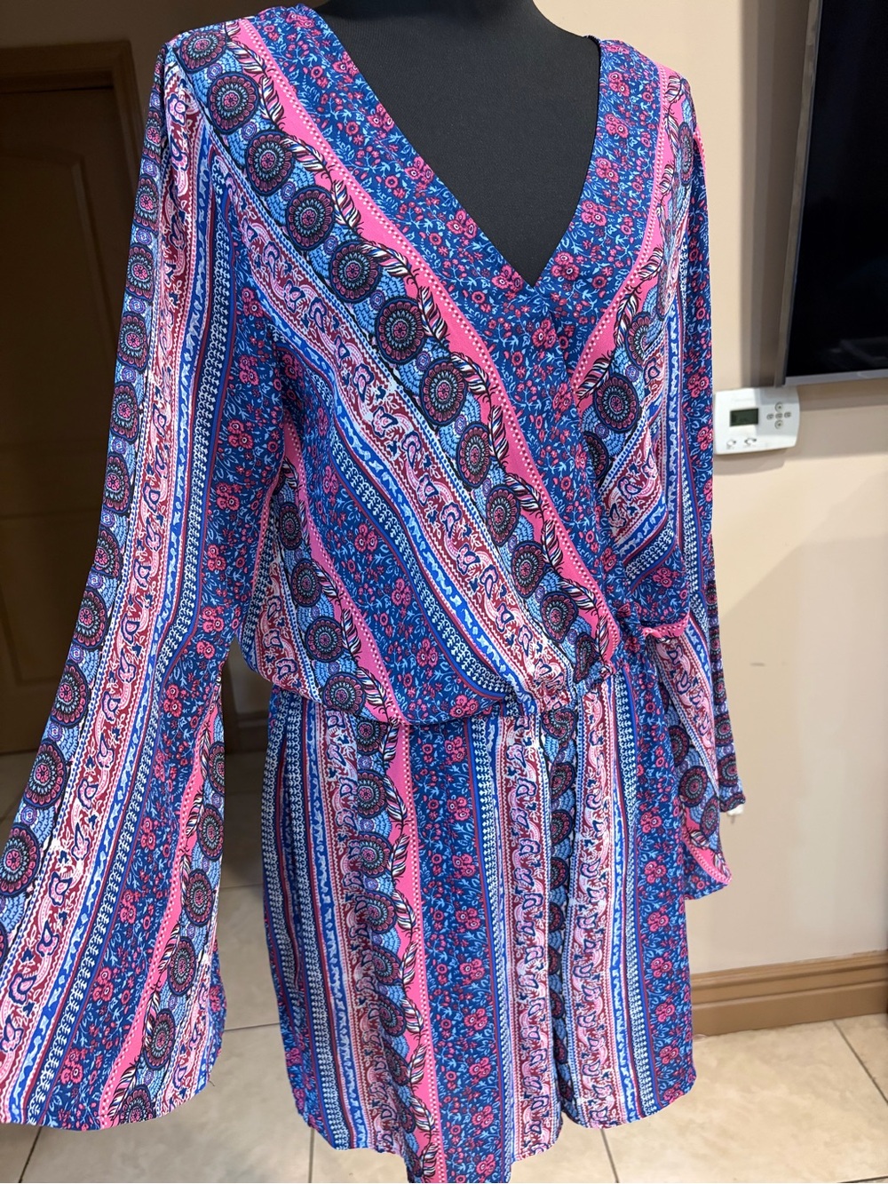 CeCe Pink & Blue Mixed-Print Wrap Long Sleeve jumpsuit. - Picture 2 of 6